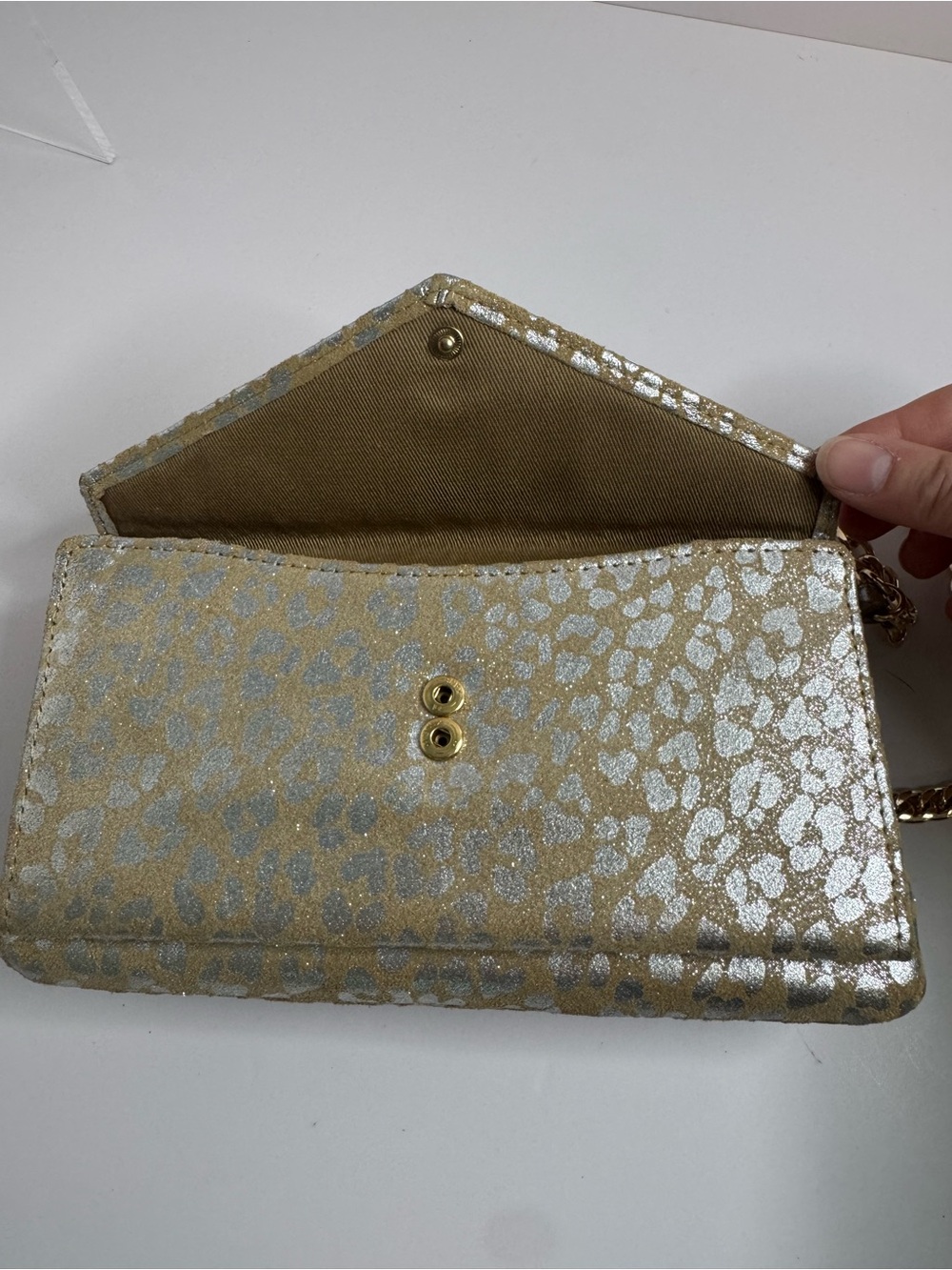 #426 Lodis Small Silver Metallic Leather & Suede Leopard Print Clutch Shoulder - Picture 16 of 16
